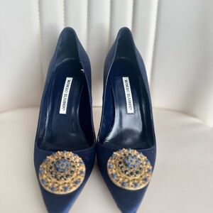 Manolo Blahnik Blue and Gold Heels with Crystal Embellishments